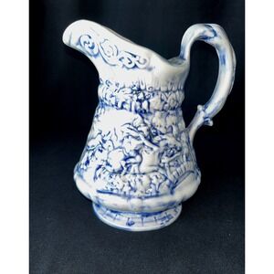 Vintage Blue White Ceramic Pitcher Tavern Scene "The Witches Chase" 60's 70's